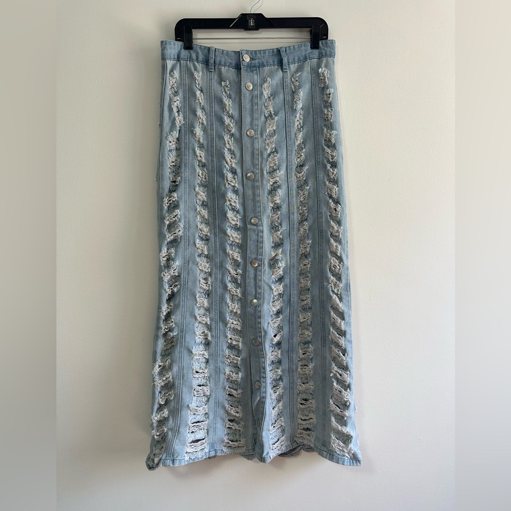 Thrill Light Blue Distressed Maxi Skirt